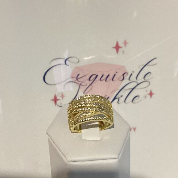 💛18k Gold Wide Band Micro Pave Cz Diamond Crisscross stacked Diamond Ring - Picture 15 of 16